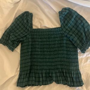 Green plaid ruffled with puff sleeves crop top by J crew